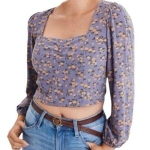 American Eagle Blue Floral Peasant Top Long Sleeve Smocked Back Boho Crop Medium
